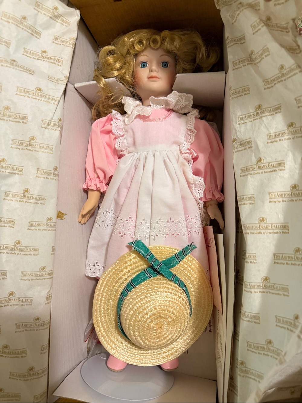 Porcelain Doll Girls' Formal Dress in Pink with White Apron and Straw Hat